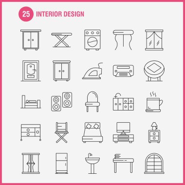 İç tasarım hat simgelerini belirlemek için Infographics, mobil Ux/UI Kit ve baskı tasarımı. Şunları içerir: Mobilya, ev, lavabo, kapı, kilit, odası, mobilya, yemek, Icon Set - vektör