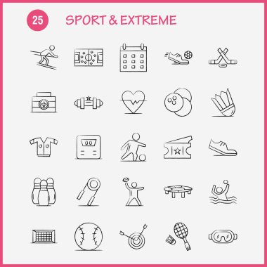 Spor ve ekstrem elle çizilmiş simgeler ayarlamak için Infographics, mobil Ux/UI Kit ve baskı tasarımı. Şunları içerir: Futbol, top, Net, spor, futbol, oyun, spor, futbol, Icon Set - vektör