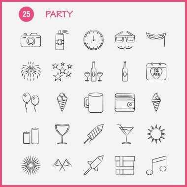 Parti el çekilmiş Icon Web, baskı ve mobil Ux/UI için Kit. Gibi: Takvim, doğum günü, Tarih, yıl, suyu, içki, cam, parti, piktogram paketi. -Vektör