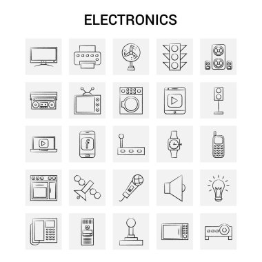 25 el elektronik çekilmiş Icon set. Gri arka plan vektör Doodle