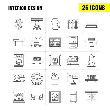 İç tasarım hat simgelerini belirlemek için Infographics, mobil Ux/UI Kit ve baskı tasarımı. Şunları içerir: Tıp, dosya, belge, tablo, bide, mobilya, su, ayna, Eps 10 - vektör