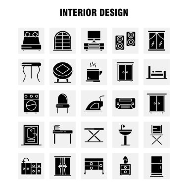 İç tasarım sağlam glif Icons Set için Infographics, mobil Ux/UI Kit ve baskı tasarımı. Şunları içerir: Mobilya, ev, lavabo, kapı, kilit, odası, mobilya, yemek, Icon Set - vektör