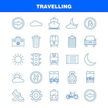 Web, baskı ve mobil Ux/UI için satırı simgesi seyahat seti. Gibi: araç kutusu, kutu, yapılandırma, ayar, ayarları, dişli, korumak, ayar, piktogram paketi. -Vektör