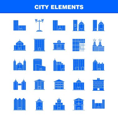 Şehir öğeleri katı glif Icons Set için Infographics, mobil Ux/UI Kit ve baskı tasarımı. Şunları içerir: Tower, Bina, şehir, Office, binalar, Tower, şehir, Office, Eps 10 - vektör