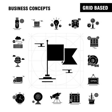 İş kavramları katı glif Icons Set için Infographics, mobil Ux/UI Kit ve baskı tasarımı. Şunları içerir: Pano, ayar, dişli, kalem, monitör, Internet, ayar, Doları, koleksiyonu Modern Infographic Logo ve piktogram. -Vektör