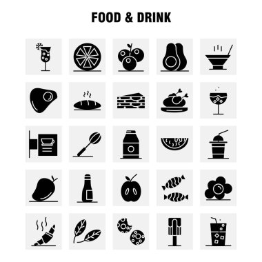 Yiyecek ve içecek katı glif Icons Set için Infographics, mobil Ux/UI Kit ve baskı tasarımı. Şunları içerir: Kokteyl, cam, kadehi, cam, şarap, içki, pişirme, kruvasan, Icon Set - vektör