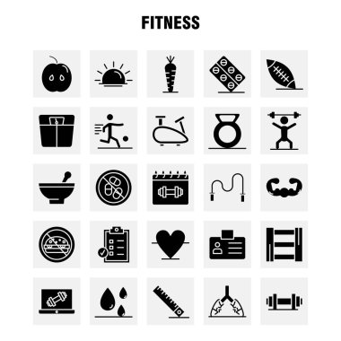 Fitness katı glif Icons Set için Infographics, mobil Ux/UI Kit ve baskı tasarımı. Şunları içerir: Apple, gıda, Fitness, kan, sarkma, Fitness, kimlik kartı, Icon Set - vektör