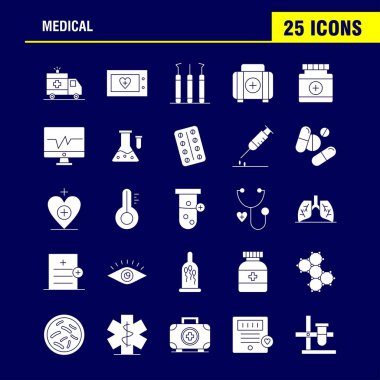 Tıbbi katı glif Icons Set için Infographics, mobil Ux/UI Kit ve baskı tasarımı. Şunları içerir: Ambulans, tıp, sağlık, hastane, kalp, tıp, tarayıcı, istatistik, Eps 10 - vektör