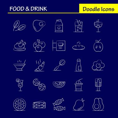 Yiyecek ve içecek elle çizilmiş simgeler ayarlamak için Infographics, mobil Ux/UI Kit ve baskı tasarımı. Şunları içerir: Kokteyl, cam, kadehi, cam, şarap, içki, pişirme, kruvasan, Icon Set - vektör