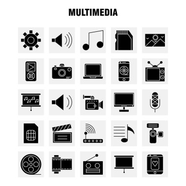 Web, baskı ve mobil Ux/UI için Multimedya katı glif simge seti. Gibi: dişli, korumak, ayar, aracı, ayarlama, hoparlör bilgisayar, donanım, piktogram paketi. -Vektör