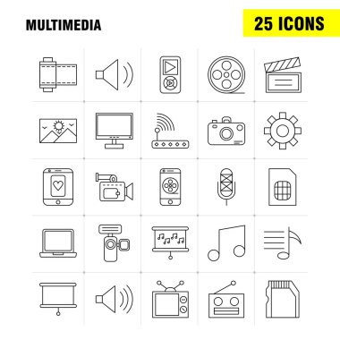 Multimedya satırı simgesi Web, baskı ve mobil Ux/UI için Kit. Gibi: dişli, korumak, ayar, aracı, ayarlama, hoparlör bilgisayar, donanım, piktogram paketi. -Vektör