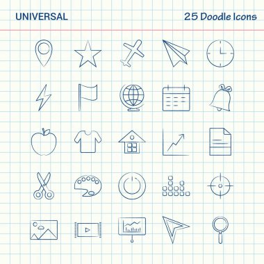 Evrensel 25 Doodle simgeler. Elle çizilmiş iş Icon set