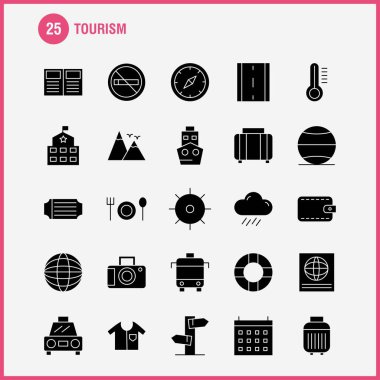 Turizm katı glif Icon Pack için tasarımcılar ve geliştiriciler. Sıcaklık termometre hava, Sigara, turizm, seyahat, yasaktır, simgelerin vektör