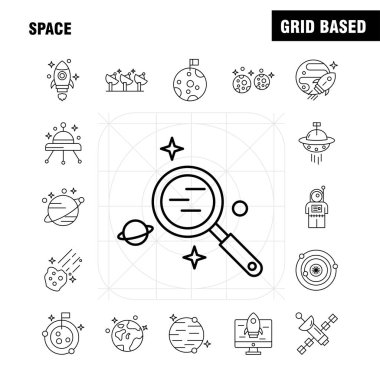 Alanı satır Icons Set için Infographics, mobil Ux/UI Kit ve baskı tasarımı. Şunları içerir: Roket, uzay, ulaşım, Moon, Planet, uzay, uzay gemisi, teleskop, Icon Set - vektör