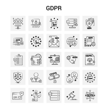 25 el Gdpr çekilmiş Icon set. Gri arka plan vektör Doodle