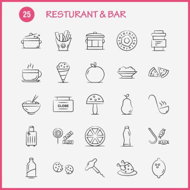 Restoran ve Bar el çekilmiş Icon Web, baskı ve mobil Ux/UI için Kit. Gibi: gıda, parça, Pizza, yemek, yemek, yemek, patates, yemek, piktogram paketi. -Vektör