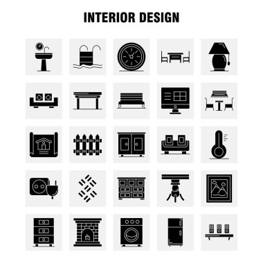 İç tasarım sağlam glif Icons Set için Infographics, mobil Ux/UI Kit ve baskı tasarımı. Şunları içerir: Tıp, dosya, belge, tablo, bide, mobilya, su, ayna, Eps 10 - vektör