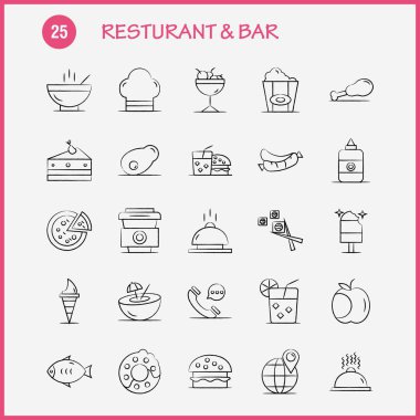 Restoran ve Bar el çekilmiş Icon Web, baskı ve mobil Ux/UI için Kit. Gibi: telefon, telefon, sohbet, otel, dünya, harita, yeri, otel, piktogram paketi. -Vektör