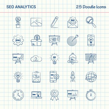 SEO Analytics 25 Doodle simgeler. Elle çizilmiş iş Icon set