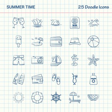 Yaz saati 25 Doodle simgeler. Elle çizilmiş iş Icon set