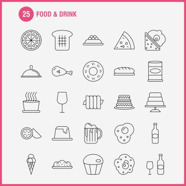 Yiyecek ve içecek satır simgesi Web, baskı ve mobil Ux/UI için Kit. Gibi: kivi, yemek, yemek, ekmek, ekmek, yemek, kek, medya, piktogram paketi. -Vektör