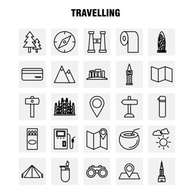 Satır simgeler seyahat ayarlamak için Infographics, mobil Ux/UI Kit ve baskı tasarımı. İçerir: Yön yönetim kurulu, yönetim kurulu, yön, trafik yönetim kurulu, yemek, gıda, Eps 10 - vektör