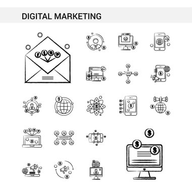 Dijital pazarlama el çekilmiş Icon set stil, beyaz arka plan üzerinde izole. -Vektör