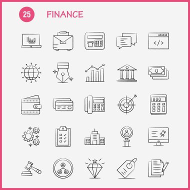Finans elle çizilmiş simgeler kümesi Infographics, mobil Ux/UI için Kit ve baskı tasarımı. Şunları içerir: Bilgisayar, Pin, metin, finans, arama, araştırma, finans, adam, Icon Set - vektör