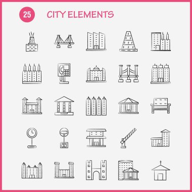 Şehir öğeleri elle çizilmiş Icons Set için Infographics, mobil Ux/UI Kit ve baskı tasarımı. Şunları içerir: Araba, araç, seyahat, ulaşım, Çeşme, su duş, şehir, Eps 10 - vektör