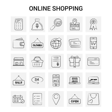 25 el çizilmiş Online alışveriş Icon set. Gri arka plan vektör Doodle