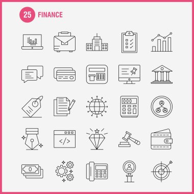 Finans satır Icons Set Infographics, mobil Ux/UI için Kit ve baskı tasarımı. Şunları içerir: Bilgisayar, Pin, metin, finans, arama, araştırma, finans, adam, Icon Set - vektör
