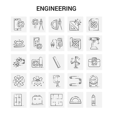 25 mühendislik el çekilmiş Icon set. Gri arka plan vektör Doodle