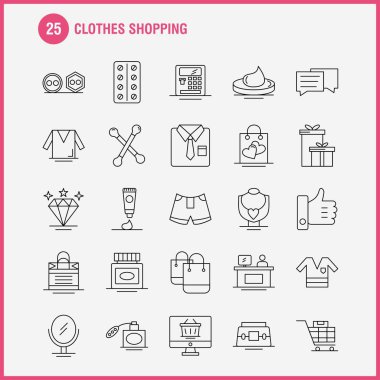 Web, baskı ve mobil Ux/UI için satırı simgesi alışveriş giyim seti. Gibi: gömlek, giyim, kat, katlama, elbise, güzellik, kozmetik, krem, piktogram paketi. -Vektör