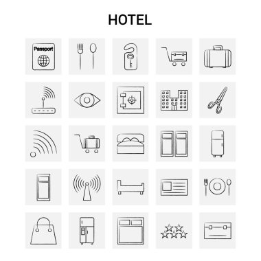 25 el Drawn Hotel Icon set. Gri arka plan vektör Doodle