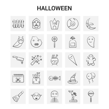 25 el çizilmiş Halloween Icon set. Gri arka plan vektör Doodle