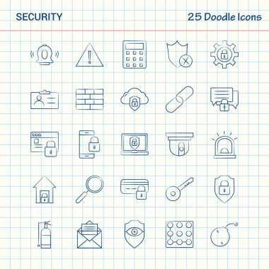 Güvenlik 25 Doodle simgeler. Elle çizilmiş iş Icon set