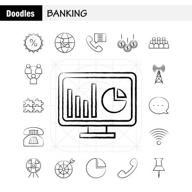 Web, baskı ve mobil Ux/UI için elle çizilmiş simgesi bankacılık Kit. Gibi: Dünya, Online, alışveriş, telefon, telefon, sohbet, telefon, Mail, piktogram paketi. -Vektör