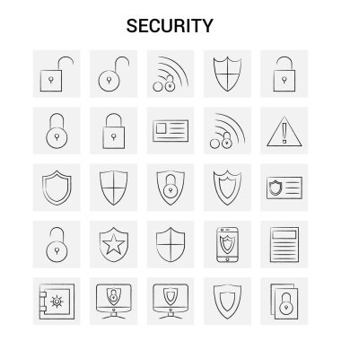 25 el çekilmiş güvenlik Icon set. Gri arka plan vektör Doodle