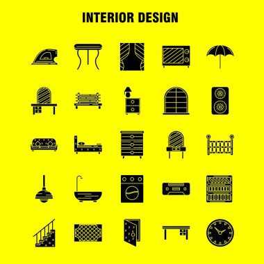 İç tasarım sağlam glif Icons Set için Infographics, mobil Ux/UI Kit ve baskı tasarımı. Şunları içerir: Anahtar, tak, elektronik, elektrik, tablo, mobilya, ev, tablolar, Eps 10 - vektör