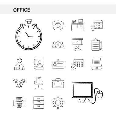 Office el beyaz arka plan üzerinde izole simge kümesi stil çekilmiş. -Vektör