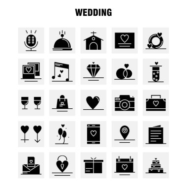 Katı glif simgeler düğün ayarlamak için Infographics, mobil Ux/UI Kit ve baskı tasarımı. Şunları içerir: Çanta, el çantası, sevgi, cep, cep, aşk, mikrofon, Icon Set - vektör