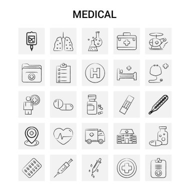 25 el çizilmiş tıp Icon set. Gri arka plan vektör Doodle