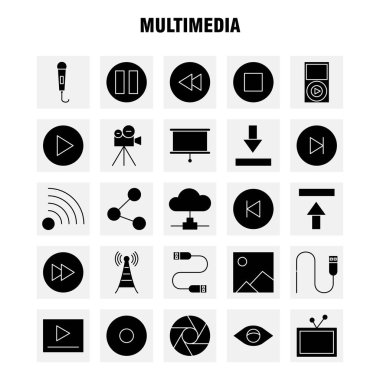 Web, baskı ve mobil Ux/UI için Multimedya katı glif simge seti. Gibi: mikrofon, Mike, müzik, ses, hızlı, ileri, hareket, oyun, piktogram paketi. -Vektör