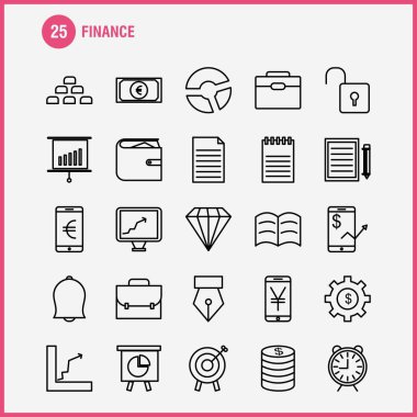 Finans satır Icons Set Infographics, mobil Ux/UI için Kit ve baskı tasarımı. Şunları içerir: Dolar, para, Not, rupi, bölmek, matematik, artı, eksi, koleksiyon Modern Infographic Logo ve piktogram. -Vektör