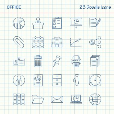 Office 25 Doodle simgeler. Elle çizilmiş iş Icon set