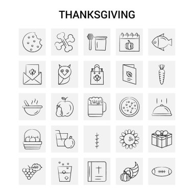25 el Şükran çekilmiş Icon set. Gri arka plan vektör Doodle