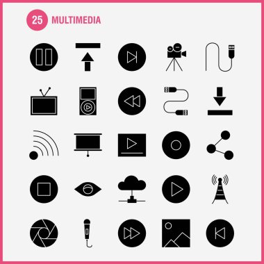 Web, baskı ve mobil Ux/UI için Multimedya katı glif simge seti. Gibi: medya, mikrofon, mikrofon, ses, denetim, hızlı, ileri, medya, piktogram paketi. -Vektör