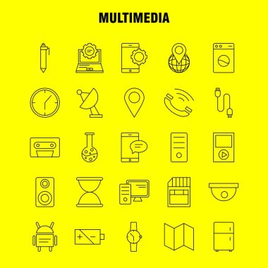 Multimedya satırı simgesi Web, baskı ve mobil Ux/UI için Kit. Gibi: Dünya, dünya, harita, yer, izle, izle, zaman, piktogram Pack el. -Vektör