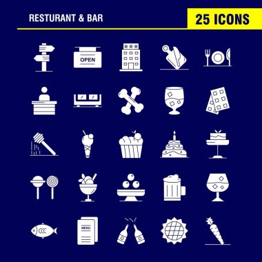 Web, baskı ve mobil Ux/UI için restoran ve Bar katı glif simge seti. Gibi: yön, gezinti, işaret, yönetim kurulu, Hotel, Masa, açık, işaret, sembol paketi. -Vektör