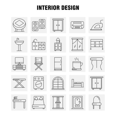 İç tasarım hat simgelerini belirlemek için Infographics, mobil Ux/UI Kit ve baskı tasarımı. Şunları içerir: Mobilya, ev, lavabo, kapı, kilit, odası, mobilya, yemek, Icon Set - vektör